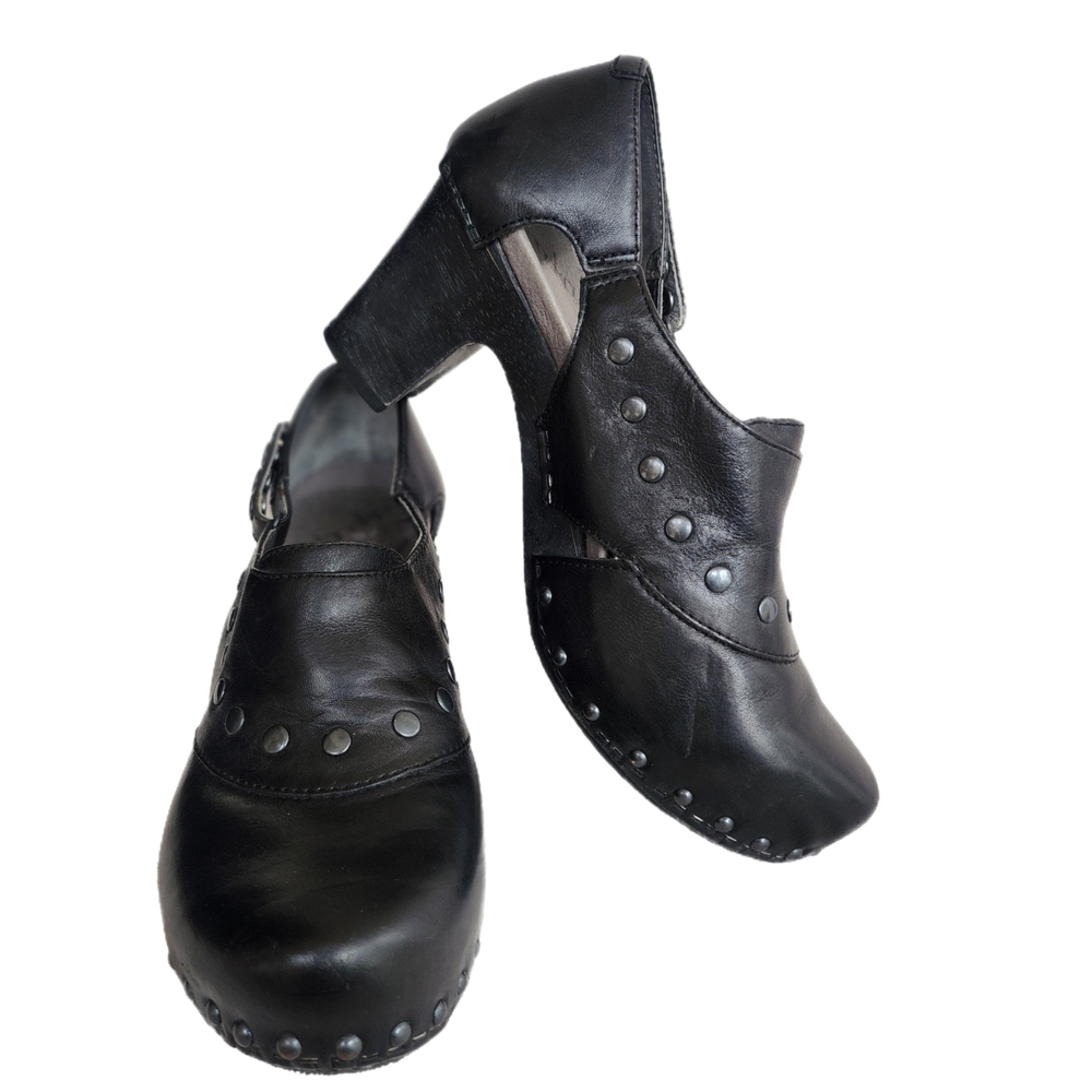 Black Leather Clogs with Silver Studs and Wooden Sole - Picture 2 of 7
